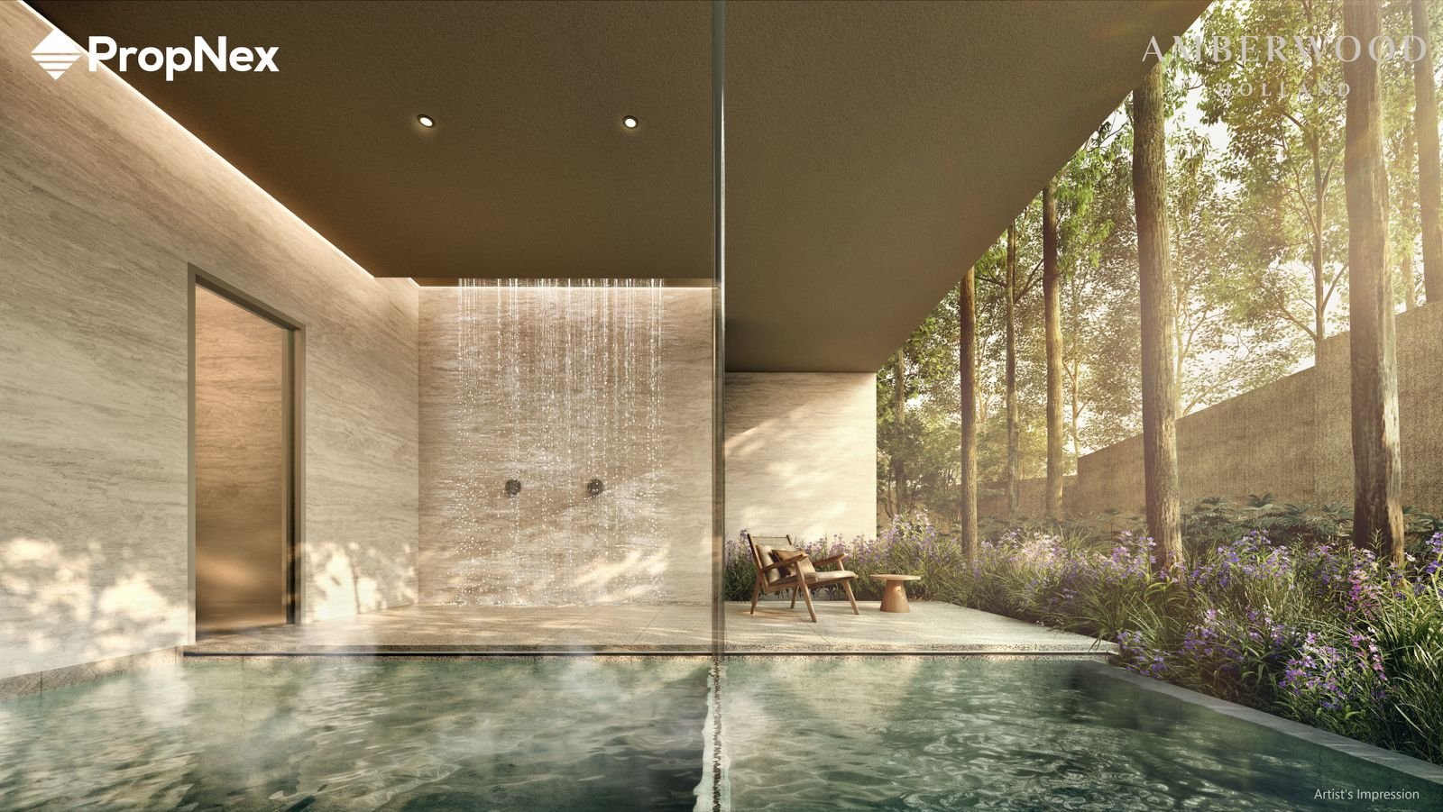 Clubhouse lounge interior with water feature