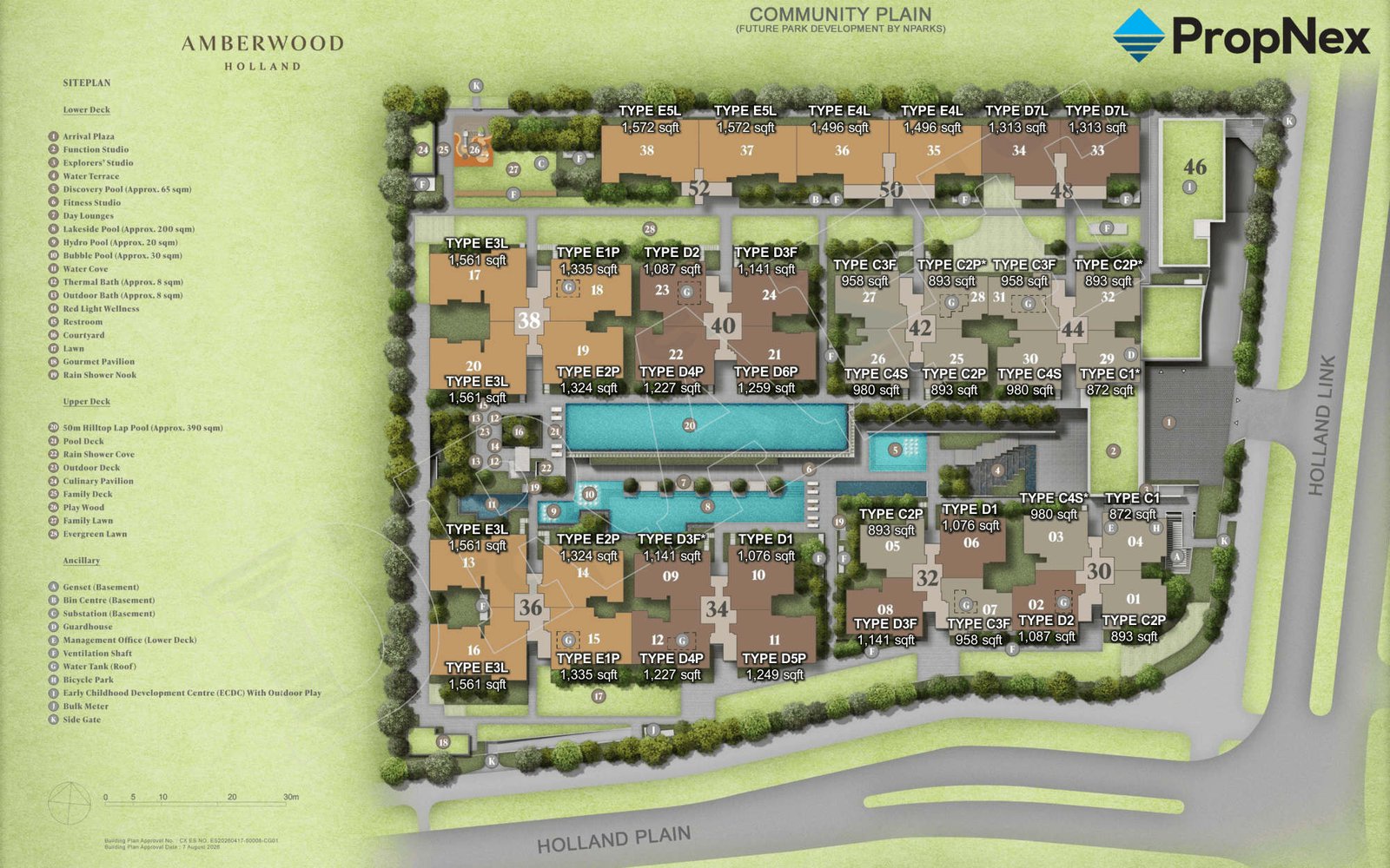 Amberwood at Holland site plan showing the eleven blocks and unit types