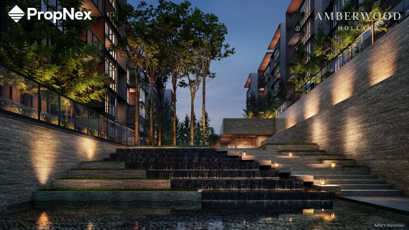 Landscaped terraces and evening lighting