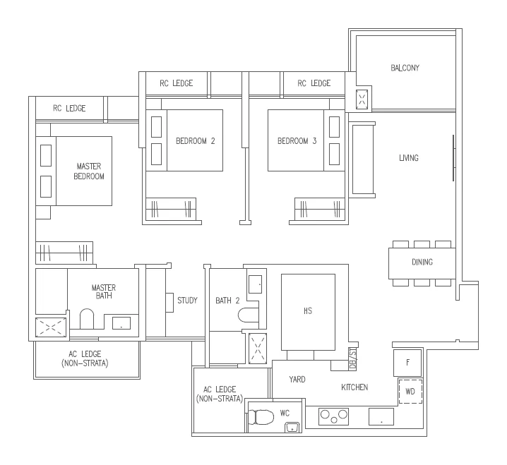 Clovelle of Woodlands EC — indicative 3-bedroom plus study floor plan with a separate study room, AC ledges and household shelter
