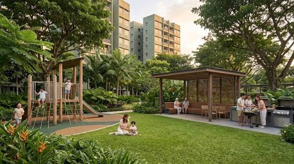 Clovelle of Woodlands — artist’s impression of the landscaped lawn, children’s playground and BBQ pavilion