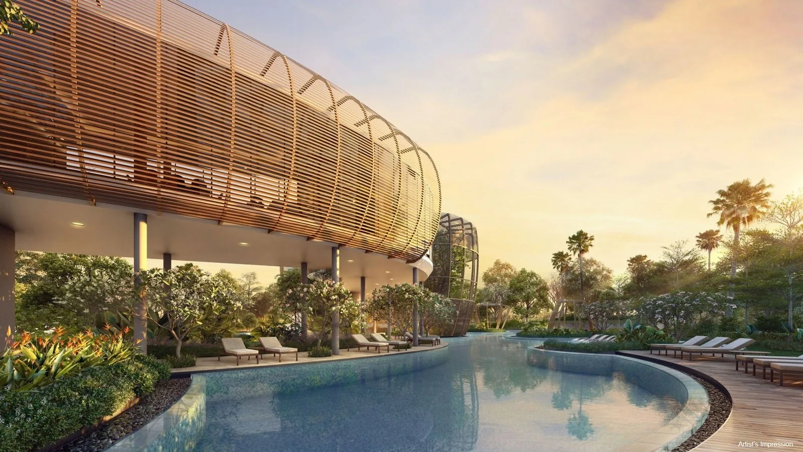 Clovelle of Woodlands Executive Condominium — artist’s impression of the clubhouse pavilion wrapped in timber screens beside the pool