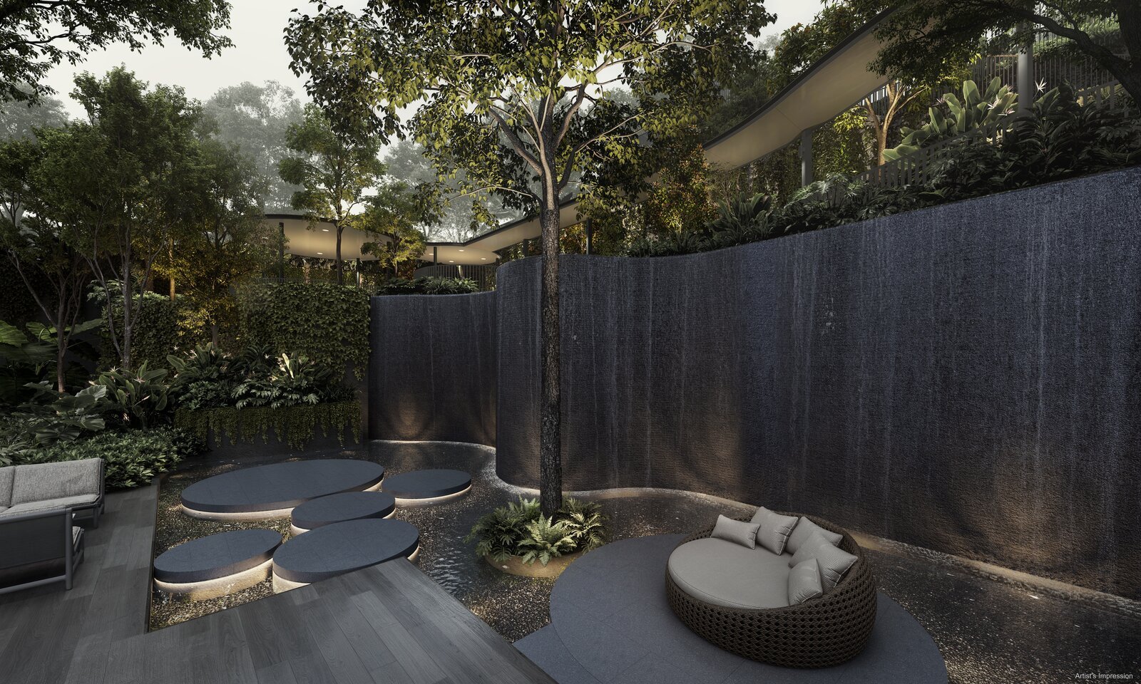 Seating pod set in landscaped greenery