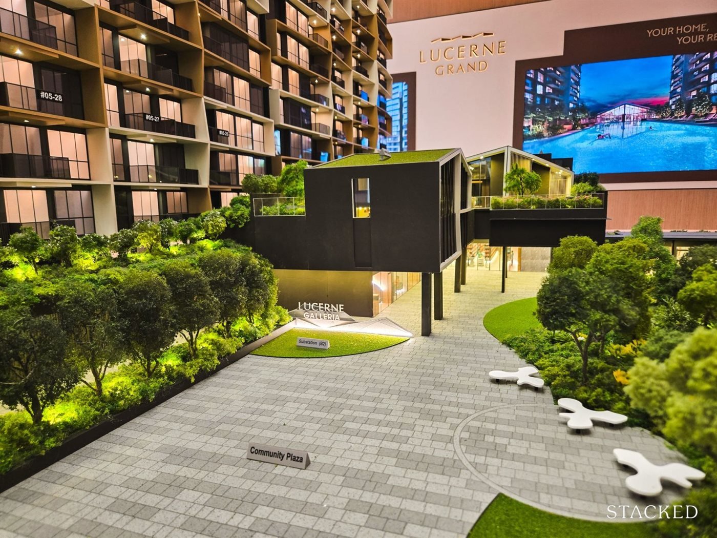 Night render of the landscaped garden pavilion at Lucerne Grand