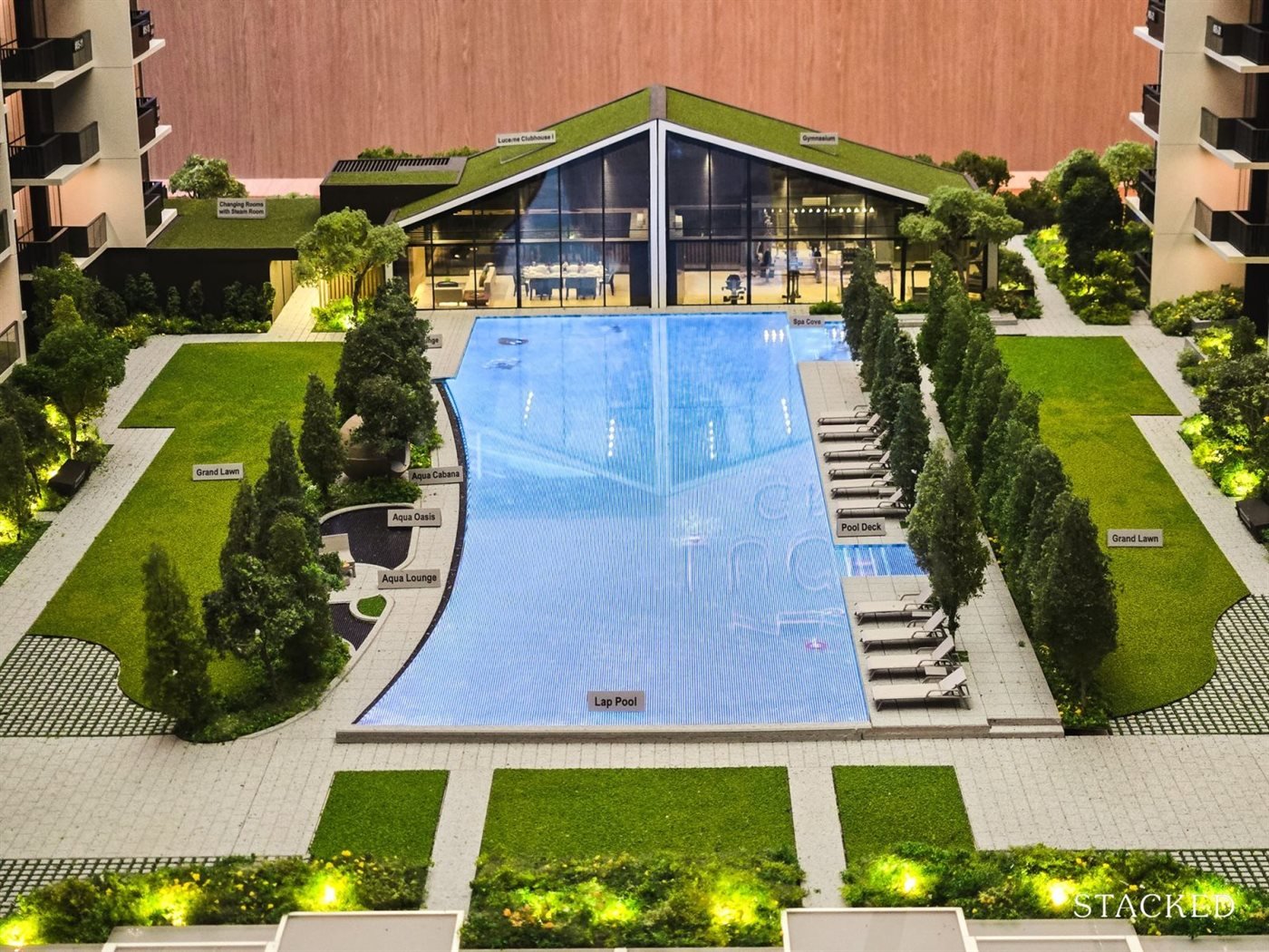 Night render of the pool with towers behind at Lucerne Grand