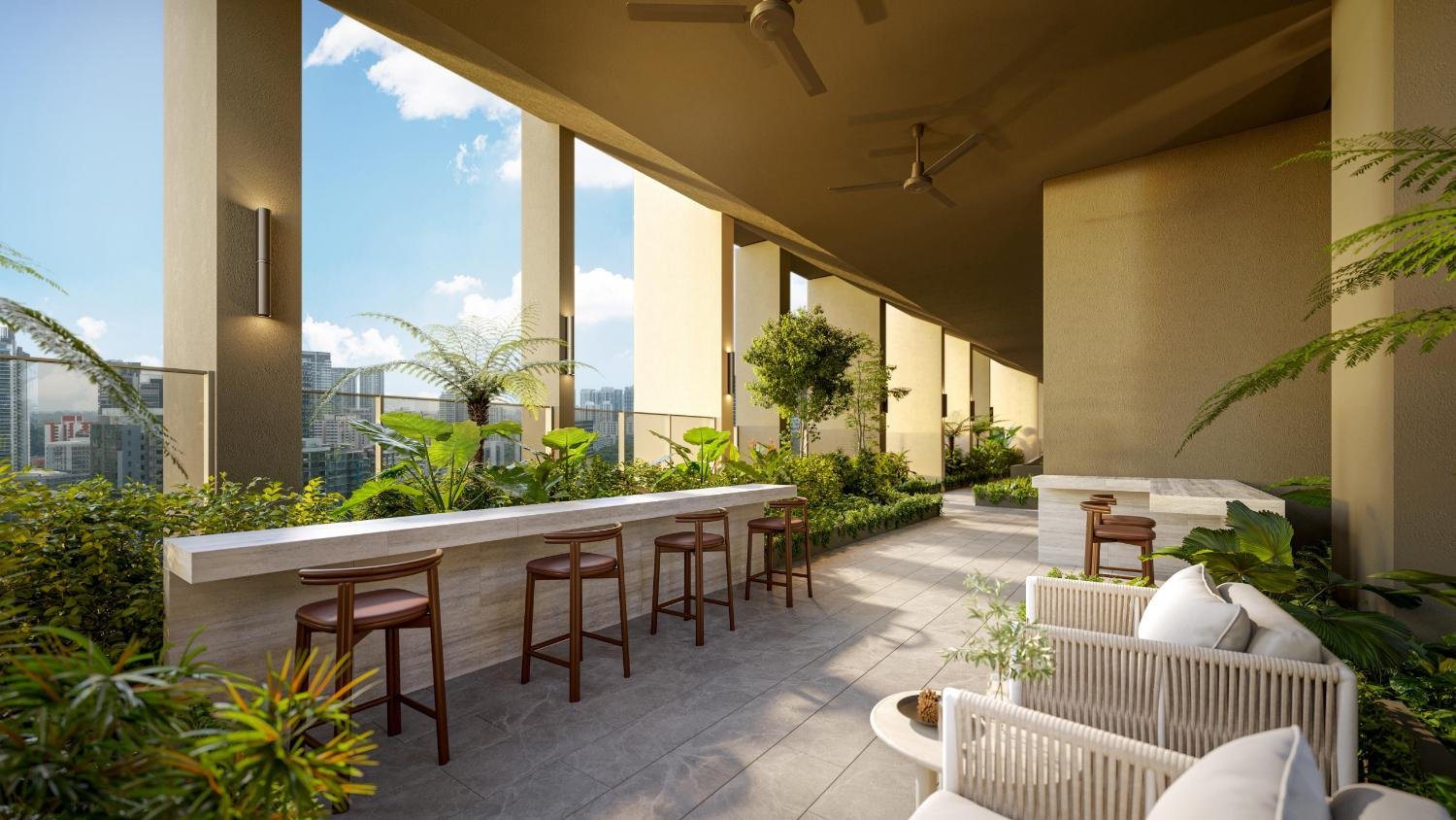 The Serra Residences — artist’s impression of the poolside bar counter and garden seating