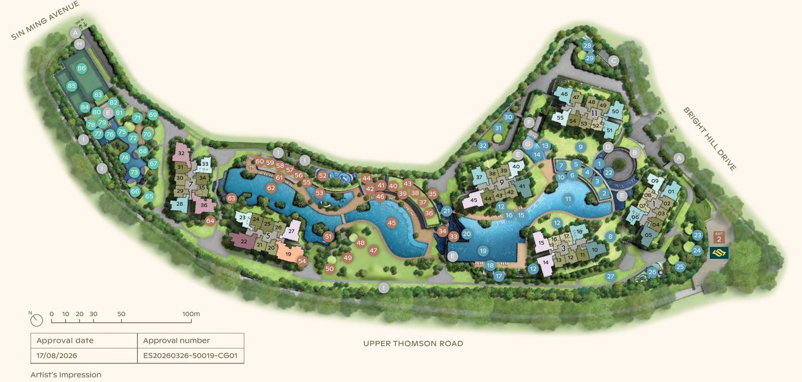 Official Thomson Reserve site plan from the e-brochure showing the six towers, pools, clubhouse and landscaped grounds at Bright Hill Drive