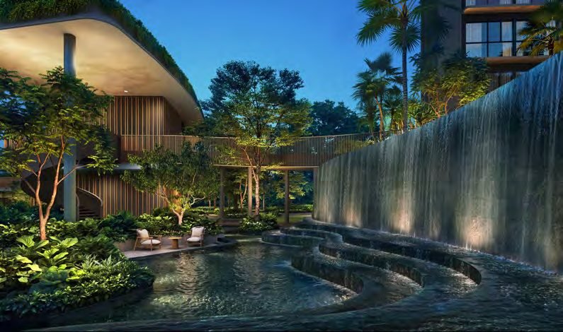 Thomson Reserve — artist’s impression of the Cascade Terrace and Cascade Cove water feature at dusk