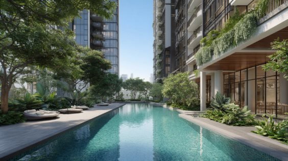 Wynwood Grand Executive Condominium — artist's impression of the landscaped lap pool and clubhouse deck