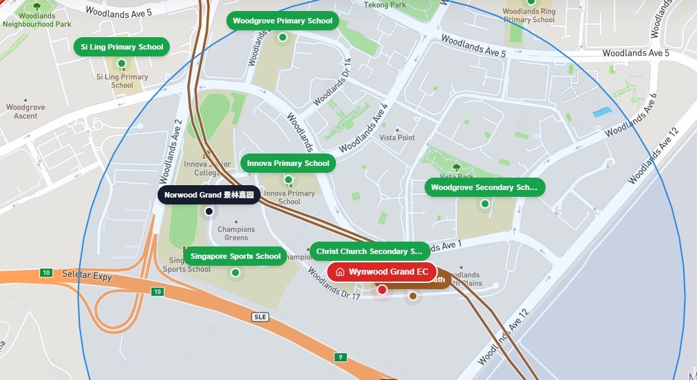 Map highlighting the primary and secondary schools within catchment of Woodlands Drive 17, plus Woodlands Health Campus and Woodlands South MRT