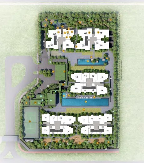 Wynwood Grand EC site plan showing the residential blocks, numbered unit stacks, swimming pools, clubhouse and landscaped grounds