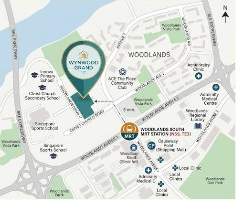 Location map for Wynwood Grand EC showing Woodlands MRT interchange, Causeway Point, Woodlands Regional Library and the surrounding schools and medical facilities